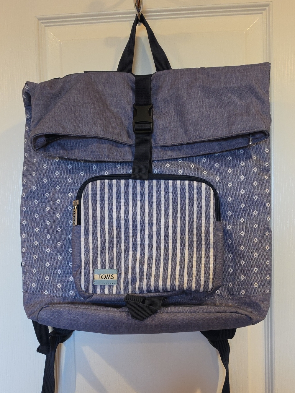 TOMS Navy Patterned Roll-Top Backpack with Striped Front Pocket, 16x20